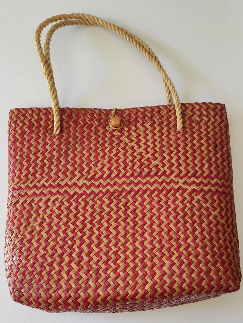 Handwoven Red and Natural Straw Tote Bag